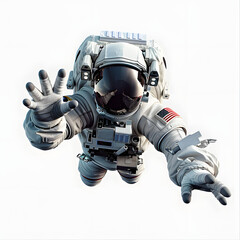Wall Mural - an realistic astronaut flies and reaches forward the hand in front of his face on white background
