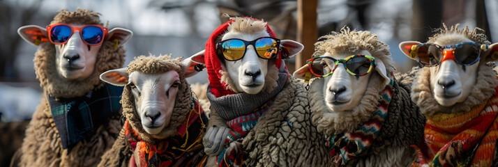 Poster - portrait of sheep with sunglasses, Cute animals in group wearing clothes. 