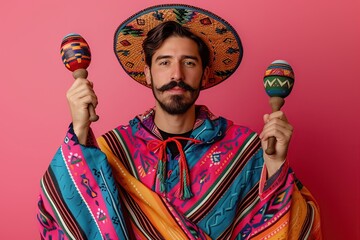 Wall Mural - Beautiful young mexican man wearing sombrero and poncho holding maracas on pink background