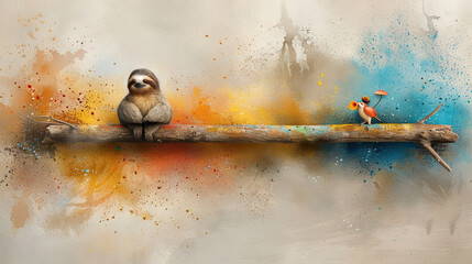   Two birds on wood, painted with splattered colors on the wall