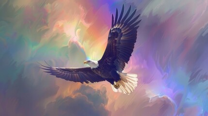 A majestic eagle is flying through a rainbow in the sky. Concept of freedom and wonder, as the eagle soars above the colorful arc. The combination of the eagle and rainbow creates a powerful