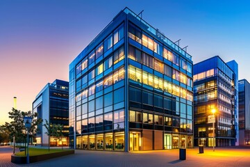 evening view of illuminated eco friendly modern glass office building with green environment