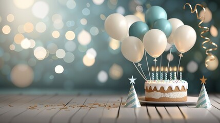 Wall Mural -   A white-frosted cake with blue and white balloons, a table with confetti and streamers