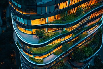 aerial evening view of illuminated eco friendly modern glass office building with green environment