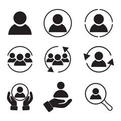 Poster - Audience customers target icon pictogram vector, focus group team find search aim glyph, user candidate hire circle set, patient assistance, management support and help client symbol,