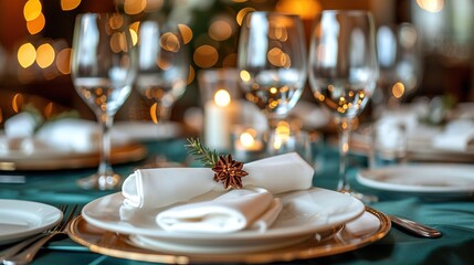 Wall Mural -   A clearer description would be Close-up of a white plate with folded napkins on a wooden table, surrounded by crystal wine glasses and flickering candlelight