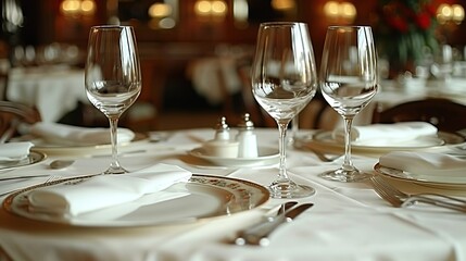 Poster -   Close-up photo of white tablecloth, wine glass and silverware on table with place settings