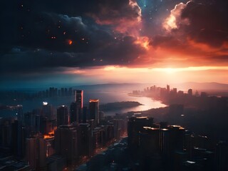 Wall Mural - Cosmic vortex over a large city. A gritty, high-contrast cinematic keyframe with a shallow depth of field, featuring a blurred background and a subject in focus Generative AI