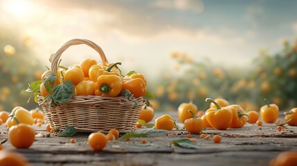 Wall Mural -   A basket brimming with numerous oranges sits atop a wooden table beside a cluster of oranges