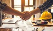 © Valentyna - Engineer team building, teamwork contractor, builder agreement handshake plan home project contract at construction site .Happy architect, surveyor worker shaking hand.