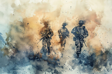 Wall Mural - Three soldiers are running through a battlefield, with the sky in the background