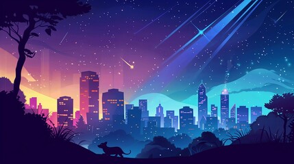 Aufkleber - concept illustration in simple flat style, A brightly lit city at night with light beams obscuring the stars, alongside nocturnal animals looking distressed, representing the