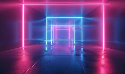 Canvas Print - hypnotic geometric portal neon blue and pink light emanates from a pulsating square gateway distorting reality and beckoning viewers into another dimension