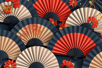 Poster - A collection of red and blue fans with flowers and other designs