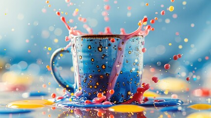 Poster -   A blue coffee cup with pink and yellow sprinkles and a splash of pink and blue liquid coming out of it