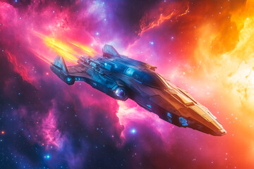 Wall Mural - futuristic spaceship flying through colorful nebula in deep space with glowing stars