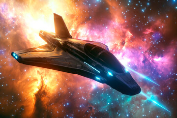 sleek spaceship navigating through vibrant nebula in deep space with glowing stars