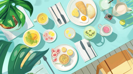 A table with a variety of food items, including a plate of eggs, a bowl of fruit