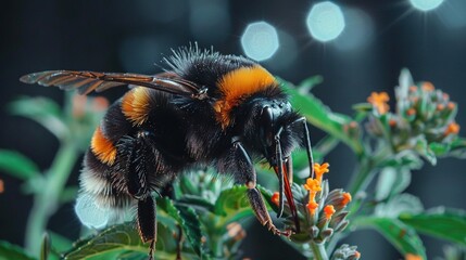 Canvas Print -   A close-up of a bee on an orange flower with a blurry background