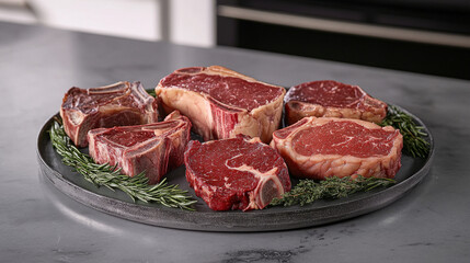 Wall Mural - Here's different cuts of steak, like chateau mignon, t-bone, and tomahawk, set on a gray table.