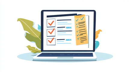 Online survey or quiz on a laptop screen. The screen displays a checklist with checkmarks, illustrating an online form and the concept of a to-do list.