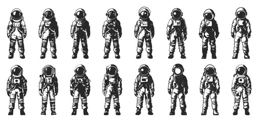 Wall Mural - Astronaut Spacesuits Linocut Print Style Icons Set Neat Thick Strokes and Shapes Black on White Background Space Suits Astronaut Gear Space Exploration Equipment Galactic Icons