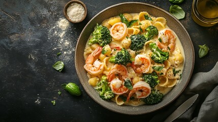 Wall Mural - Conchiglie pasta, prawns, broccoli and cream sauce, food photography, 16:9