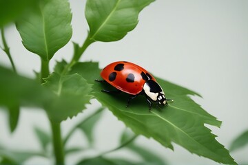 Wall Mural - leaf ladybird background white isolated green coccinellidae bird summer spring photo red macro black insect fly foliage nobody vibrant floral tiny life bright head studio grass light gardening