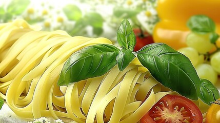 Wall Mural -   A plate of pasta, with a leaf and veggies