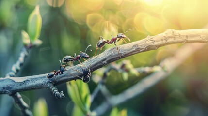 Wall Mural - Ants on Branch, Sunny Day, Macro Photography