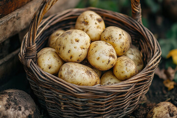 Photograph of a Basket of Freshly Dug Potatoes: Emphasizing root vegetable harvest.