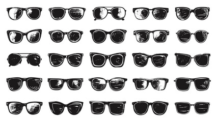 Wall Mural - Black Sunglasses Linocut Print Style Icons Set Neat Thick Strokes and Shapes Black on White Background Sunglasses Designs Eyewear Accessories Fashion Icons Graphic Design Elements