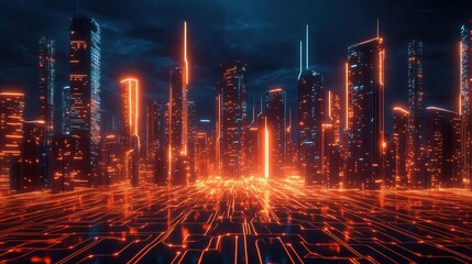 Wall Mural - futuristic cityscape emerging from a glowing circuit board neon lights trace skyscrapers and data streams showcasing an interconnected urban ecosystem of the future