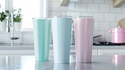 Three Stainless Steel Tumblers with Pastel Colors