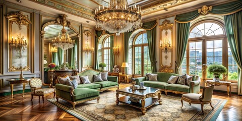 Luxury Living Room with Green Velvet Sofas, Gold Accents, and Ornate Chandelier, living room , interior design , luxury home , vintage furniture