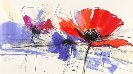 Wall Mural -   Painting of two red & purple flowers on white background with splash of paint at bottom