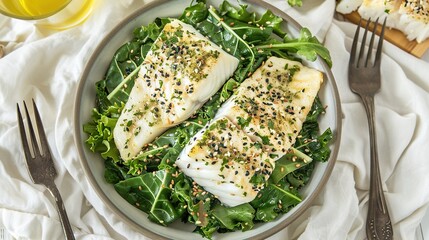 Poster -   A close-up of a plate of fish on top of green leaves, with a fork and an orange juice glass nearby