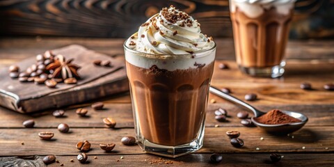 Creamy Coffee Iced Latte in a Glass, Coffee Beans, Whipped Cream, Brown Sugar, Iced Coffee, coffee beans, latte