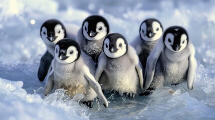 Wall Mural -   A group of penguins stands in the water; one penguin is submerged