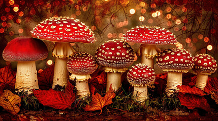 Poster -   A cluster of mushrooms resting beside one another atop a verdant forest carpeted with red and gold foliage