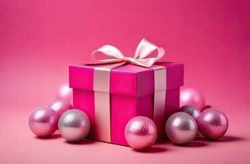 A beautifully wrapped pink gift box adorned with a delicate satin ribbon, surrounded by pink Christmas balls.