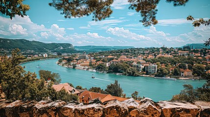 Poster -   A panoramic image of a river and a cityscape taken from a high vantage point of a building located across the river