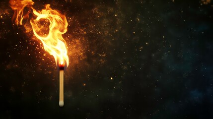 Aufkleber - A single matchstick burning brightly with golden flames against a dark background with sparks.