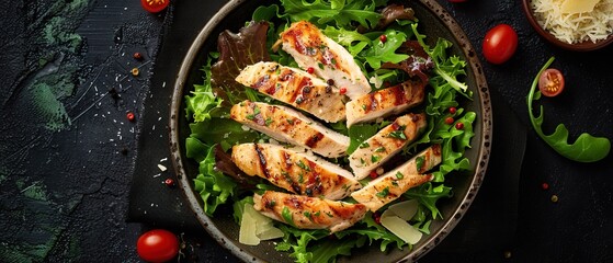 Wall Mural - Top view of a traditional Caesar salad with grilled chicken and Parmesan cheese 