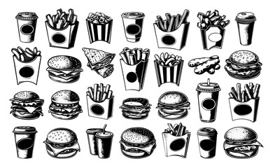 Wall Mural - Fast Food Chips Potato Dips in a Box Hamburger Cheeseburger Coke Coffee to Go Linocut Style Icons Set Black on White Background Fast Food Items Restaurant Snacks Takeout Meals