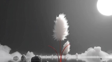 Poster -   A monochrome image of a plant against a backdrop of the moon with cloudy surroundings in the front