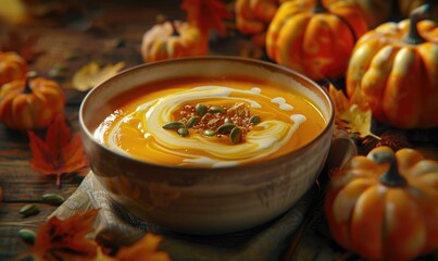 Wall Mural - A photorealistic bowl of creamy pumpkin soup garnished with roasted pumpkin seeds and a swirl of cream