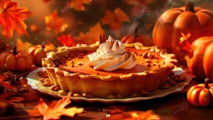 Wall Mural - A pumpkin pie with a golden crust topped with a dollop of whipped cream and a sprinkle of cinnamon