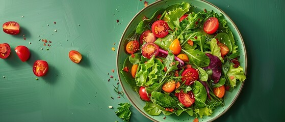 Wall Mural - Overhead shot of a colorful salad bowl filled with various fresh vegetables on a vibrant green background 