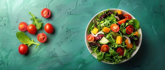 Overhead shot of a colorful salad bowl filled with various fresh vegetables on a vibrant green background 